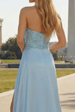 Satin Blue Mermaid Ruched Sequins Strapless Long Formal Dress with Slit