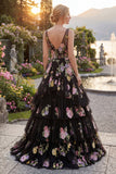 Black Pink Flower Tulle A-Line Floral V-Neck Tiered Embroidered Long Prom Dress