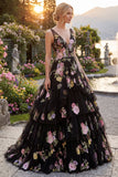 Black Pink Flower Tulle A-Line Floral V-Neck Tiered Embroidered Long Prom Dress