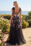 Tulle Black Pink Flower Sweetheart A-Line Embroidered Long Prom Dress with Slit