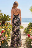 Tulle Black Pink Flower Sheath Floral Embroidered Long Prom Dress with Slit