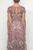 Dusty Blue A Line Short Sleeves Mother of the Bride Dress with Embroidery