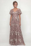 Dusty Rose Sequins A Line V Neck Long Mother of the Bride Dress