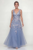 Dusty Blue A Line Appliqued V-Neck Long Mother of the Bride Dress
