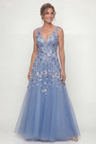 Dusty Blue A Line Appliqued V-Neck Long Mother of the Bride Dress