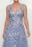 Dusty Blue A Line Appliqued V-Neck Long Mother of the Bride Dress