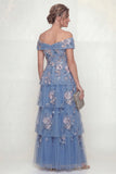 Off The Shoulder Dusty Blue Tiered A Line Long Mother of the Bride Dress with Embroidery