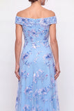 Off The Shoulder Dusty Blue A Line Floral Beaded Long Mother of the Bride Dress