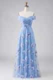 Off The Shoulder Dusty Blue A Line Floral Beaded Long Mother of the Bride Dress