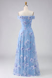 Off The Shoulder Dusty Blue A Line Floral Beaded Long Mother of the Bride Dress