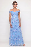 Off The Shoulder Dusty Blue A Line Floral Beaded Long Mother of the Bride Dress