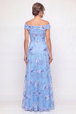 Off The Shoulder Dusty Blue A Line Floral Beaded Long Mother of the Bride Dress