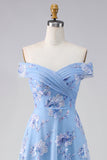 Off The Shoulder Dusty Blue A Line Floral Beaded Long Mother of the Bride Dress