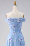 Off The Shoulder Dusty Blue A Line Floral Beaded Long Mother of the Bride Dress