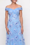 Off The Shoulder Dusty Blue A Line Floral Beaded Long Mother of the Bride Dress