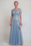 Appliqued A Line Dark Green Round Neck Mother Of Bride Dress