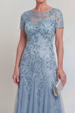 Appliqued A Line Dark Green Round Neck Mother Of Bride Dress