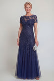 Appliqued A Line Dark Green Round Neck Mother Of Bride Dress