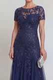 Appliqued A Line Dark Green Round Neck Mother Of Bride Dress