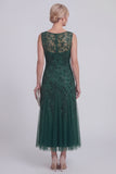 Dark Green Floral A Line Beaded Boat Neck Long Mother of The Bride Dress