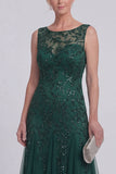 Dark Green Floral A Line Beaded Boat Neck Long Mother of The Bride Dress