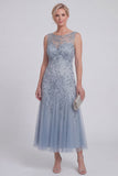 Dark Green Floral A Line Beaded Boat Neck Long Mother of The Bride Dress