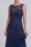 Dark Green Floral A Line Beaded Boat Neck Long Mother of The Bride Dress