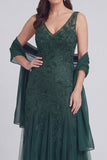 Grey Blue Floral V-Neck A Line Tulle Long Mother of The Bride Dress