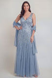 Grey Blue Floral V-Neck A Line Tulle Long Mother of The Bride Dress