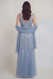 Grey Blue Floral V-Neck A Line Tulle Long Mother of The Bride Dress