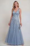 Grey Blue Floral V-Neck A Line Tulle Long Mother of The Bride Dress