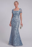 Grey Blue Floral Lace Mermaid Sequins Long Mother of The Bride Dress with Sleeves