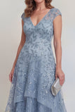 Grey Blue Lace Floral A Line Sequins Tiered Long Mother of The Bride Dress with Sleeves