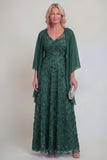 Navy Lace Floral A Line Sequins Long Mother of The Bride Dress with Jacket