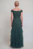 Dark Green Tulle Ruffled V-Neck Long Mother of The Bride Dress with Sleeves