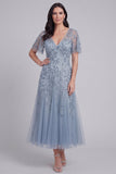 Grey Blue Tulle Floral Sequins V-Neck Long Mother of The Bride Dress with Sleeves