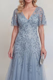 Grey Blue Tulle Floral Sequins V-Neck Long Mother of The Bride Dress with Sleeves