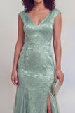 Sage Green Floral V-Neck Mermaid Long Mother of The Bride Dress with Slit