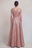 Blush Jacquard Floral Off The Shoulder A Line Long Mother of The Bride Dress