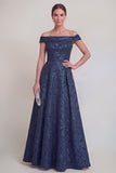Blush Jacquard Floral Off The Shoulder A Line Long Mother of The Bride Dress