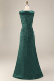 Dark Green Floral Boat Neck Mermaid Long Mother of The Bride Dress with Slit