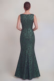 Dark Green Floral Boat Neck Mermaid Long Mother of The Bride Dress with Slit