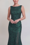 Dark Green Floral Boat Neck Mermaid Long Mother of The Bride Dress with Slit