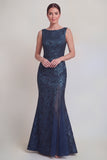 Dark Green Floral Boat Neck Mermaid Long Mother of The Bride Dress with Slit