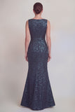 Dark Green Floral Boat Neck Mermaid Long Mother of The Bride Dress with Slit
