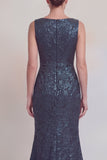 Dark Green Floral Boat Neck Mermaid Long Mother of The Bride Dress with Slit