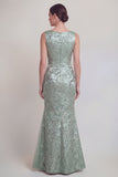 Dark Green Floral Boat Neck Mermaid Long Mother of The Bride Dress with Slit