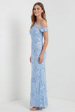 Light Blue One Shoulder Sheath Embroidered Maxi Dress with Slit
