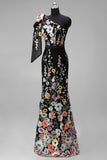 Asymmetrical One Shoulder Black Floral Embroidery Mermaid Long Wedding Guest Dress