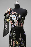 Asymmetrical One Shoulder Black Floral Embroidery Mermaid Long Wedding Guest Dress